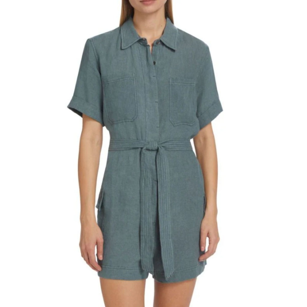 ATM Anthony Thomas Melillo Romper Womens S Blue Linen Belted Utility Playsuit